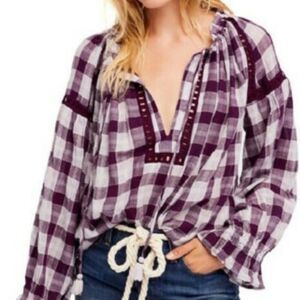 Free People Honey Grove Plaid Purple Plum Long Sleeves Tassel Boho Peasant Top S